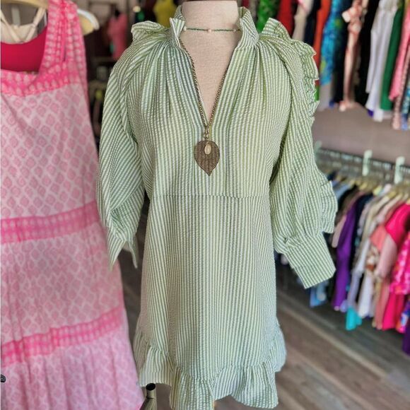 Revolve Karlie Green Mint Seersucker Stripe Ruffle Boho Dress - Picture 4 of 11